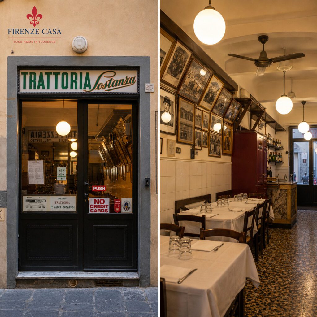 Trattoria Sostanza in Florence with its historic entrance and traditional dining room