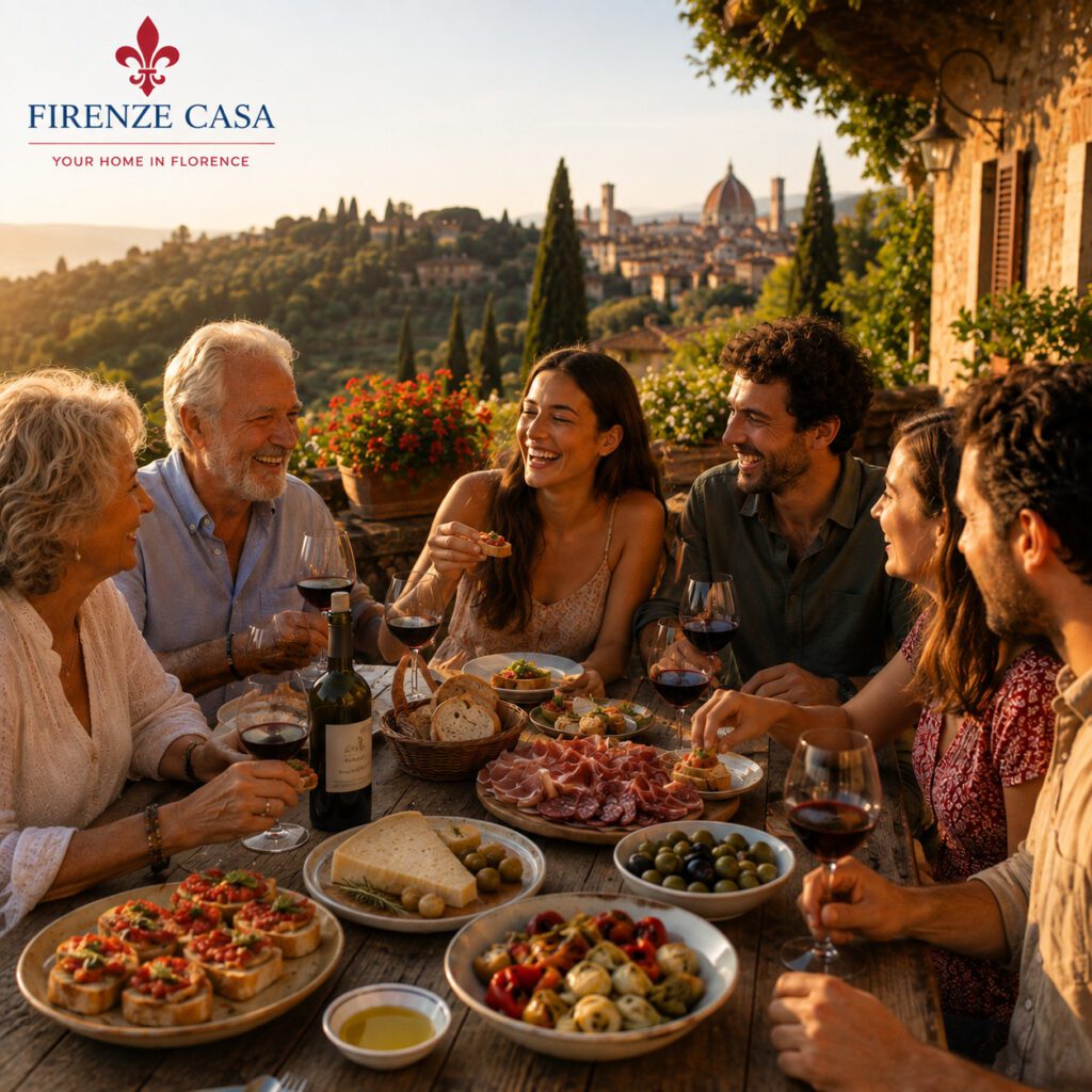 Friends and family enjoying traditional Tuscan antipasti with local wine on a terrace overlooking Florence at sunset
