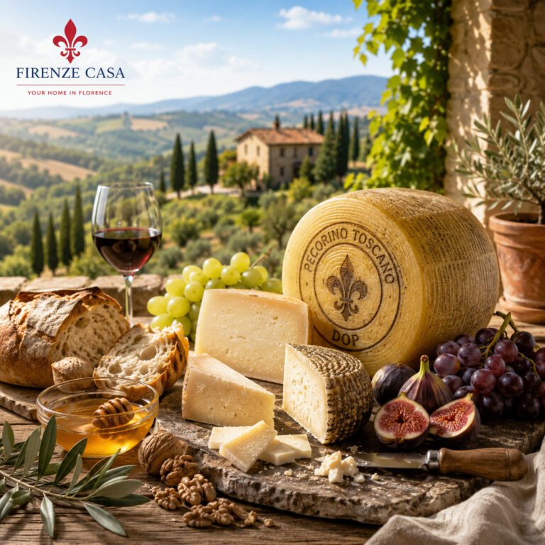 Traditional Tuscan cheese selection with Pecorino Toscano DOP, honey, figs, grapes and Tuscan bread on a rustic terrace overlooking the rolling hills of Tuscany.