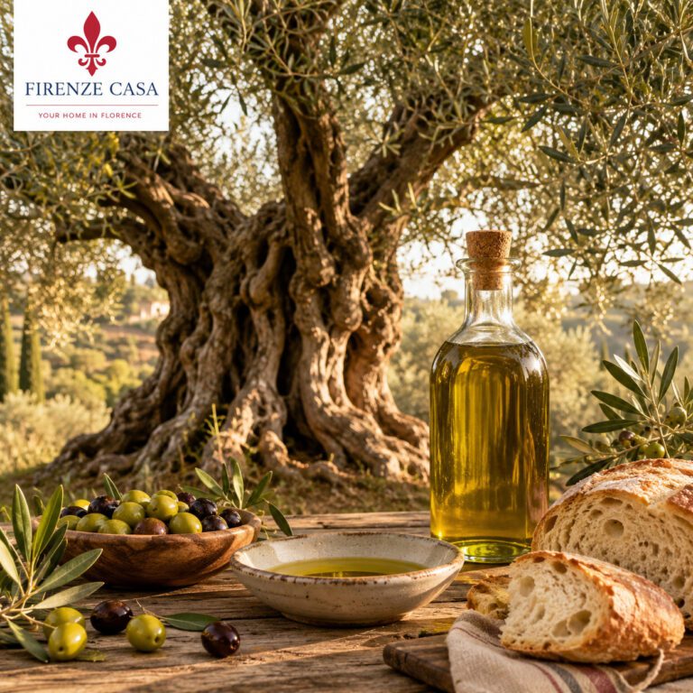 Ancient olive tree with Tuscan Extra Virgin Olive Oil, fresh olives and Pane Toscano in the Tuscan countryside near Florence.