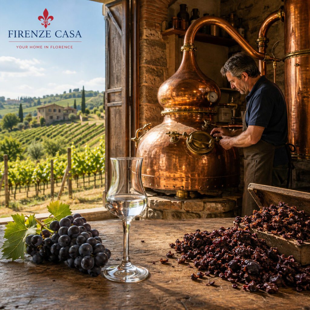 Tuscan Grappa with grapes and traditional copper still in a Tuscan distillery
