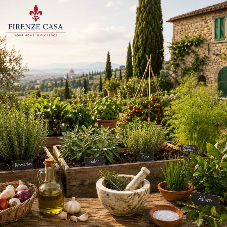 Traditional Tuscan kitchen garden with rosemary, sage, thyme, bay leaves, wild fennel and olive oil in the Tuscan countryside