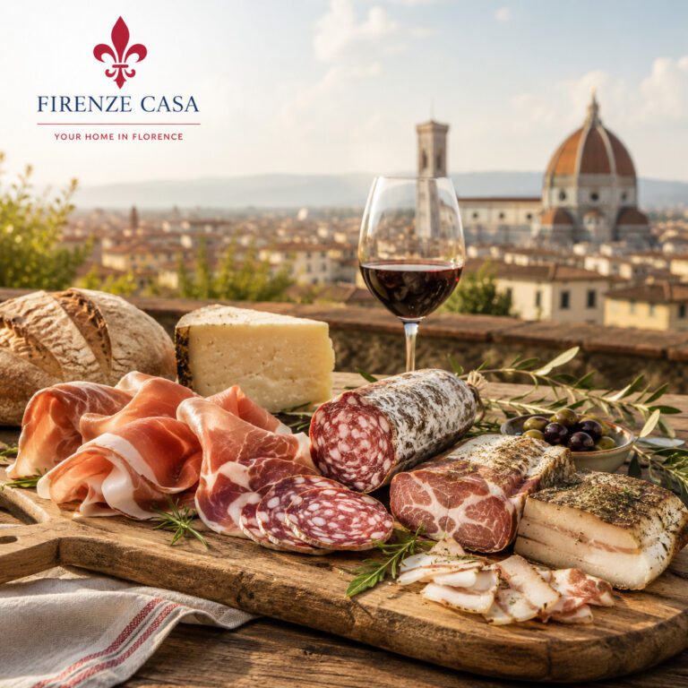 Traditional Tuscan salumi with Prosciutto Toscano, Finocchiona, cheese and Chianti overlooking the Florence skyline