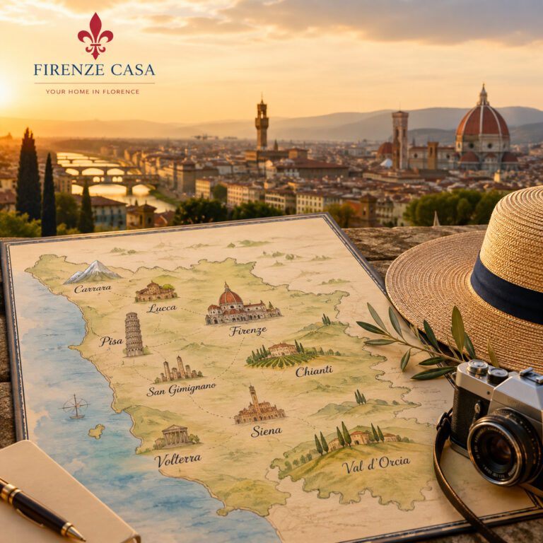 Illustrated map of Tuscany with Florence and popular day trip destinations including Pisa, Siena, Carrara and Chianti, viewed against the skyline of Florence at sunset.