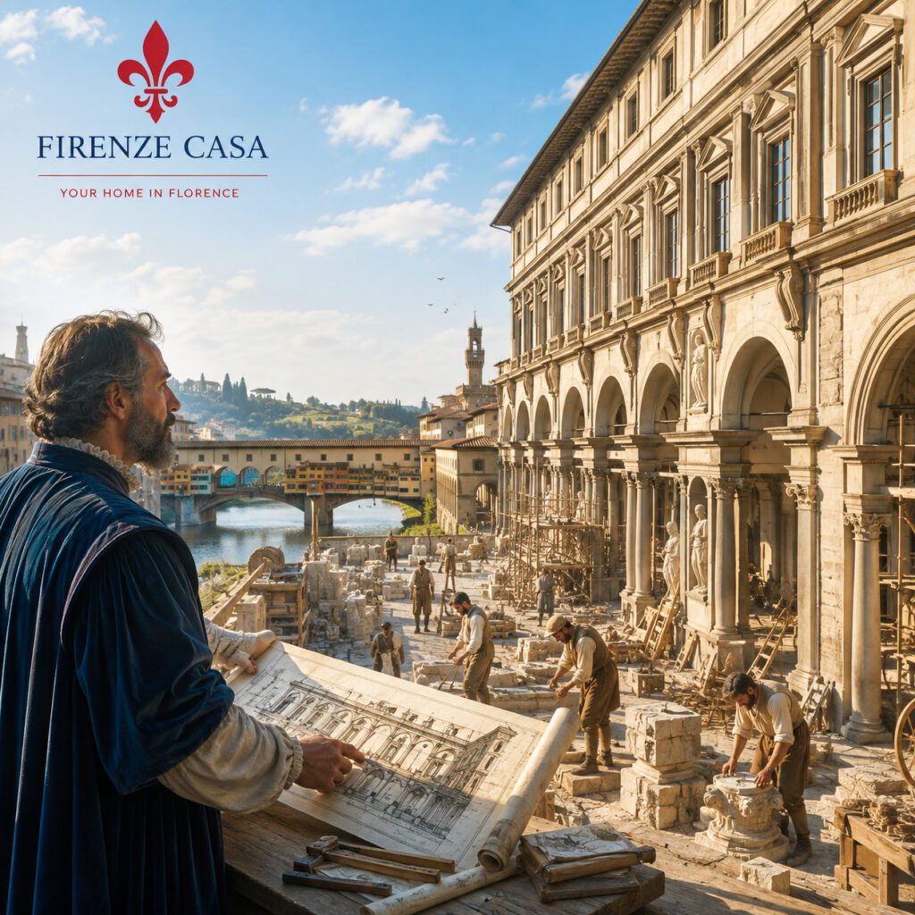 Giorgio Vasari overseeing the construction of the Uffizi Gallery while Renaissance craftsmen build the monumental arcade commissioned by Cosimo I de' Medici in Florence.