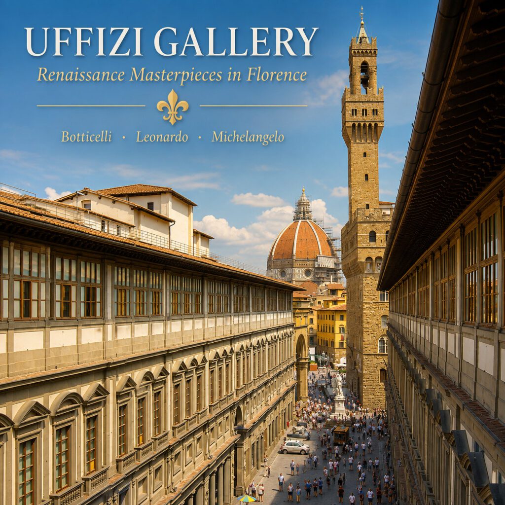 Uffizi Gallery in Florence with Palazzo Vecchio and the Duomo