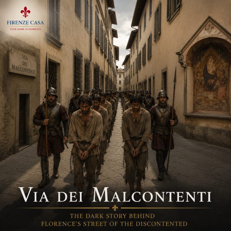 Condemned prisoners walking along Via dei Malcontenti in historic Florence