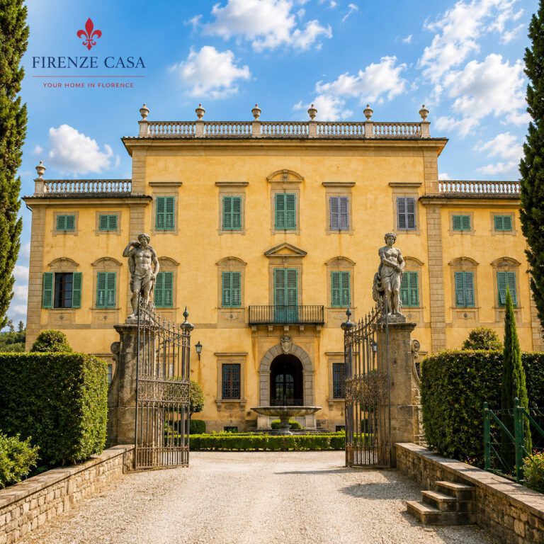 Villa La Pietra in Florence with its historic façade, entrance gates and gardens