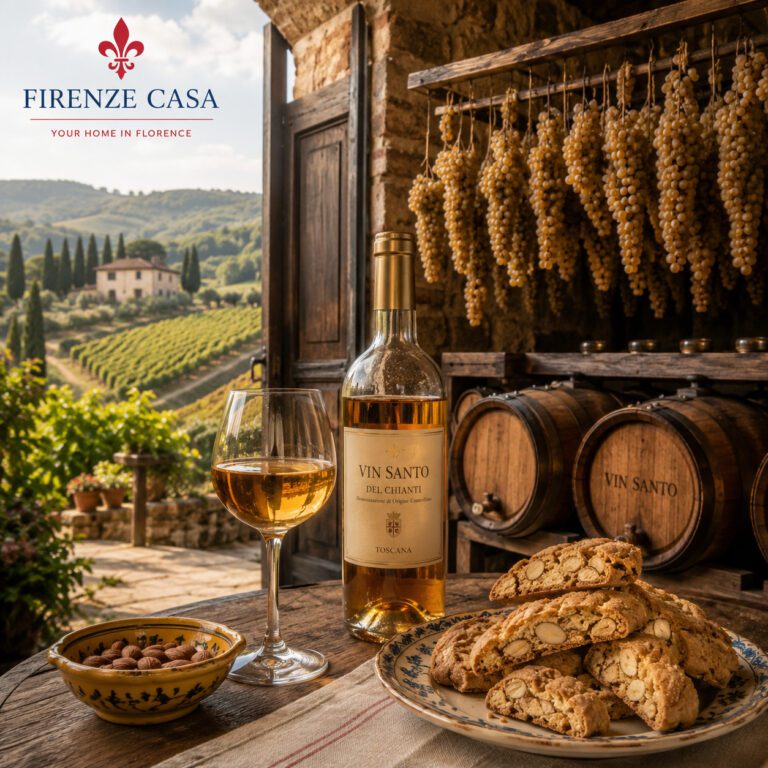 Vin Santo Tuscany with Cantucci, drying grapes and traditional wine barrels