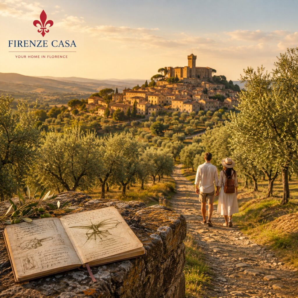 Vinci in Tuscany surrounded by olive groves with Leonardo da Vinci-inspired sketches in the foreground.