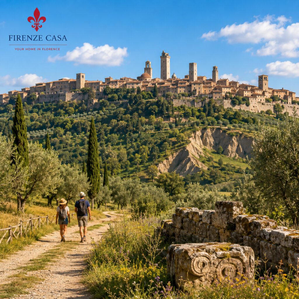 Volterra from the Tuscan countryside with its historic hilltop centre, olive groves and ancient Etruscan remains.