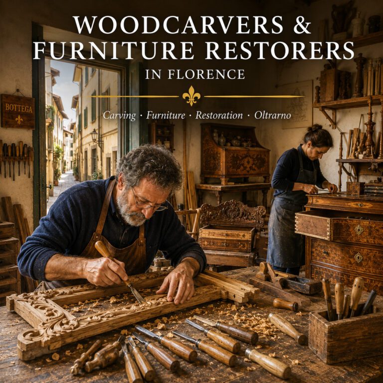 Woodcarver and furniture restorer working in a traditional Florence workshop