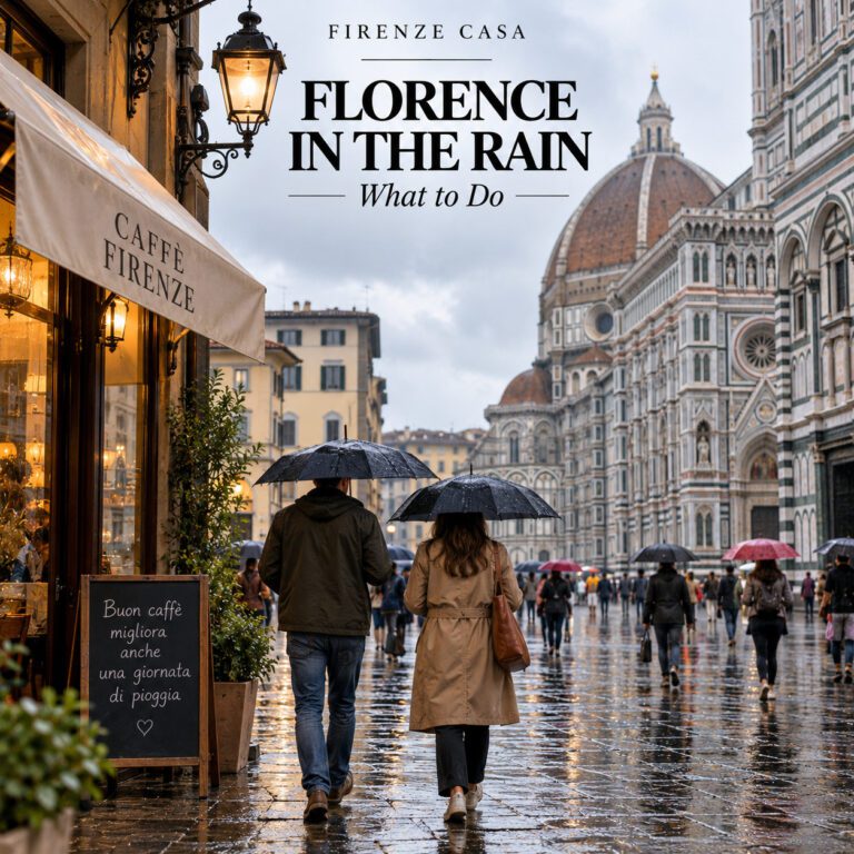 Florence in the rain with umbrellas, wet streets and the Duomo