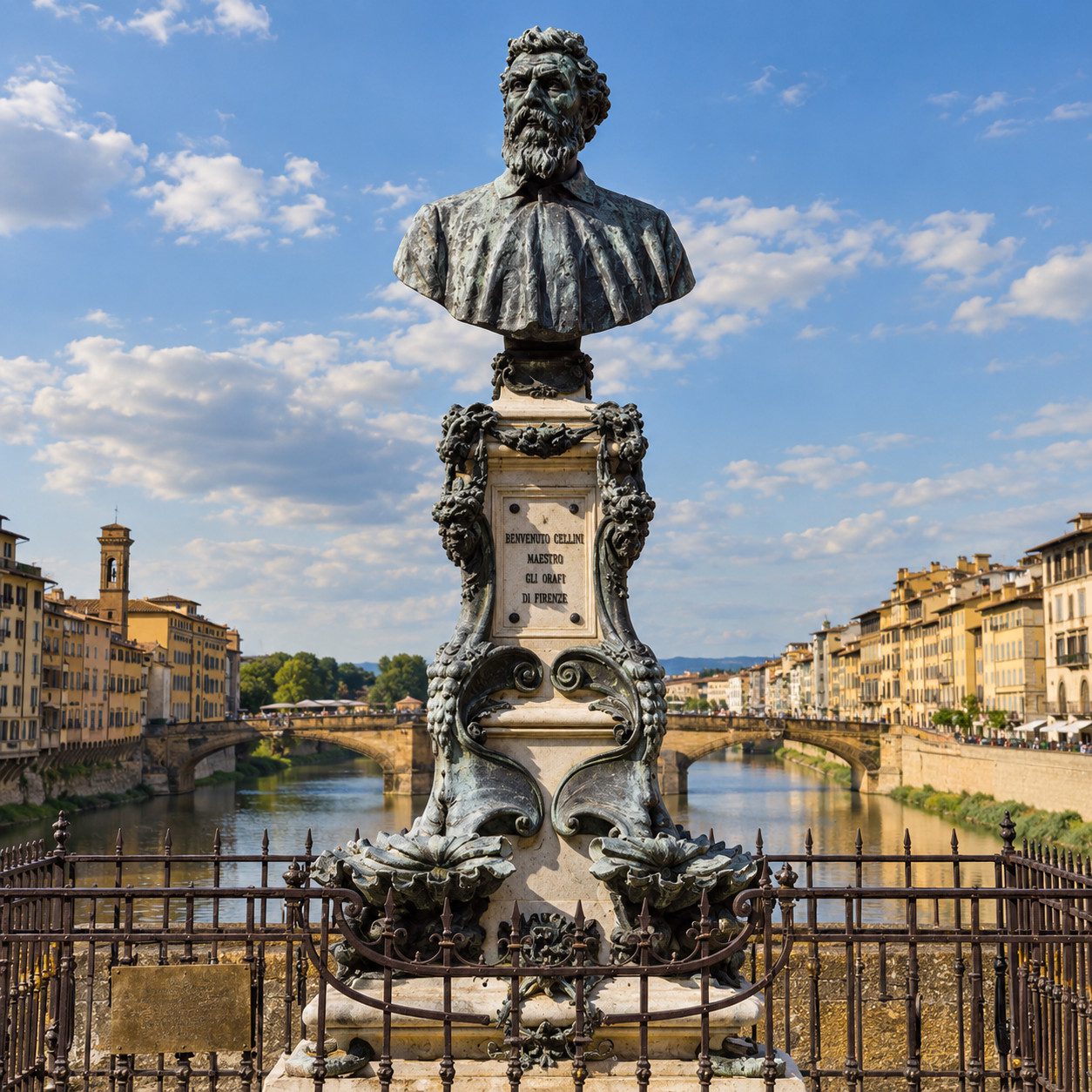 Benvenuto Cellini monument on Ponte Vecchio overlooking the Arno in Florence