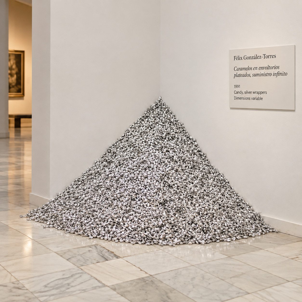 Félix González-Torres silver-wrapped candy installation in a museum