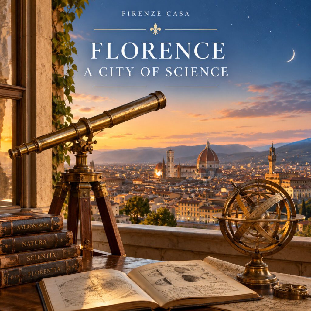 Florence City of Science with historic telescope and view of Florence