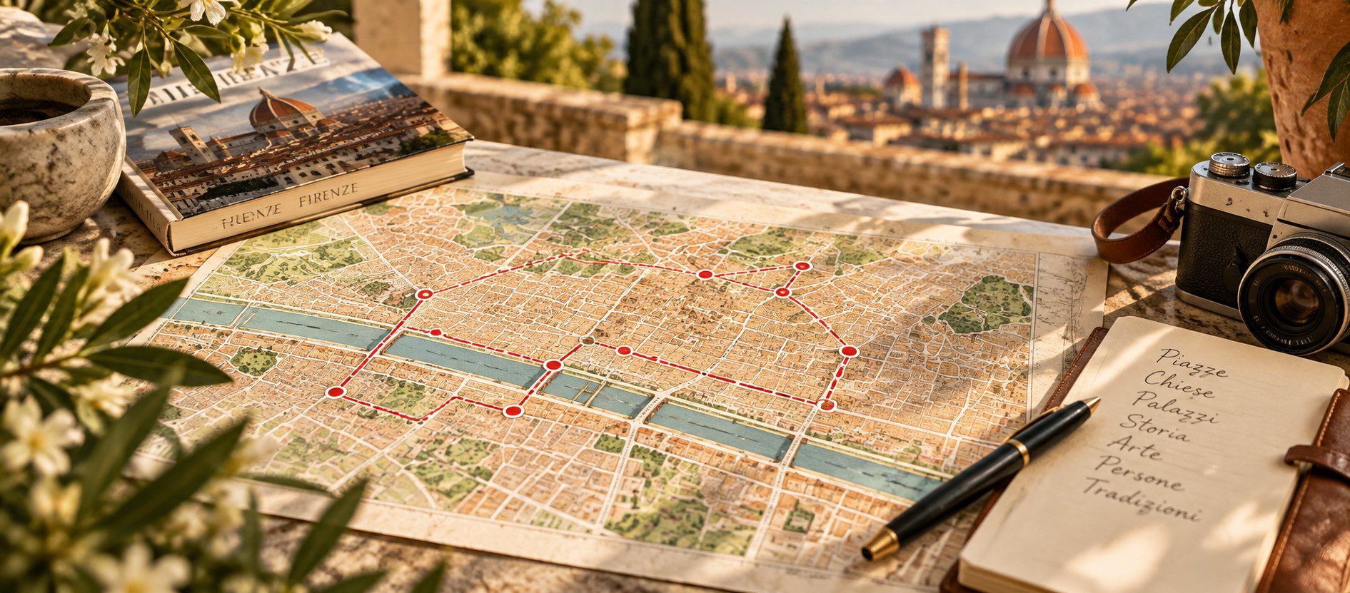 Map of Florence with marked walking routes and the Florence skyline in the background