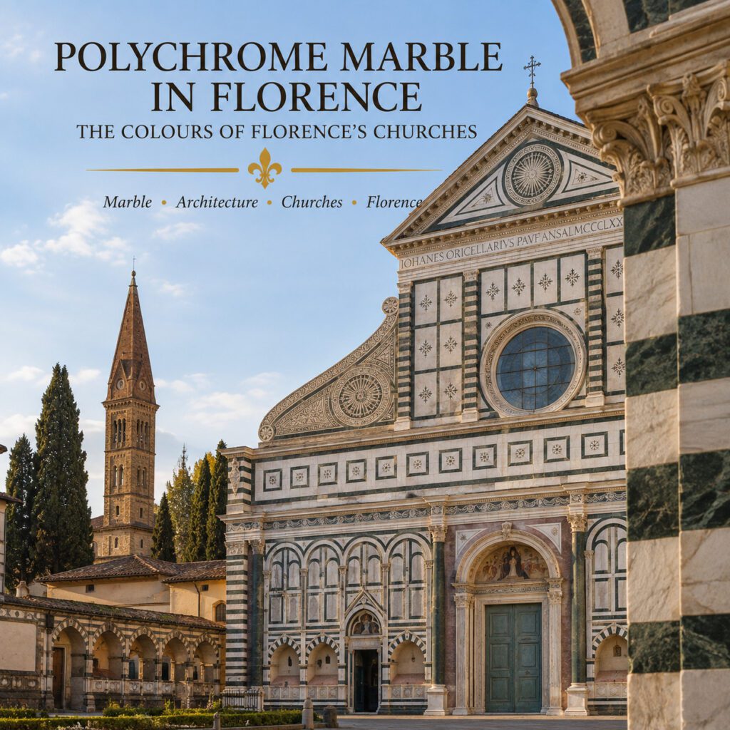 Polychrome marble in Florence with white and green marble church façade