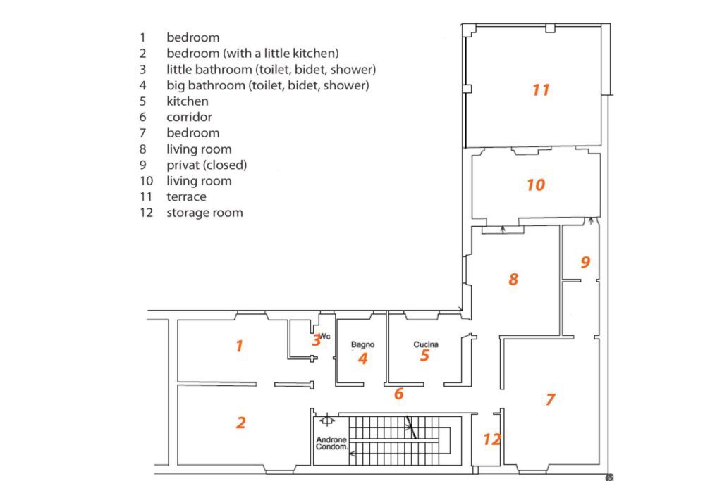 Floor plan of the Florence Apartment with three bedrooms, two bathrooms, kitchen, living rooms and private terrace